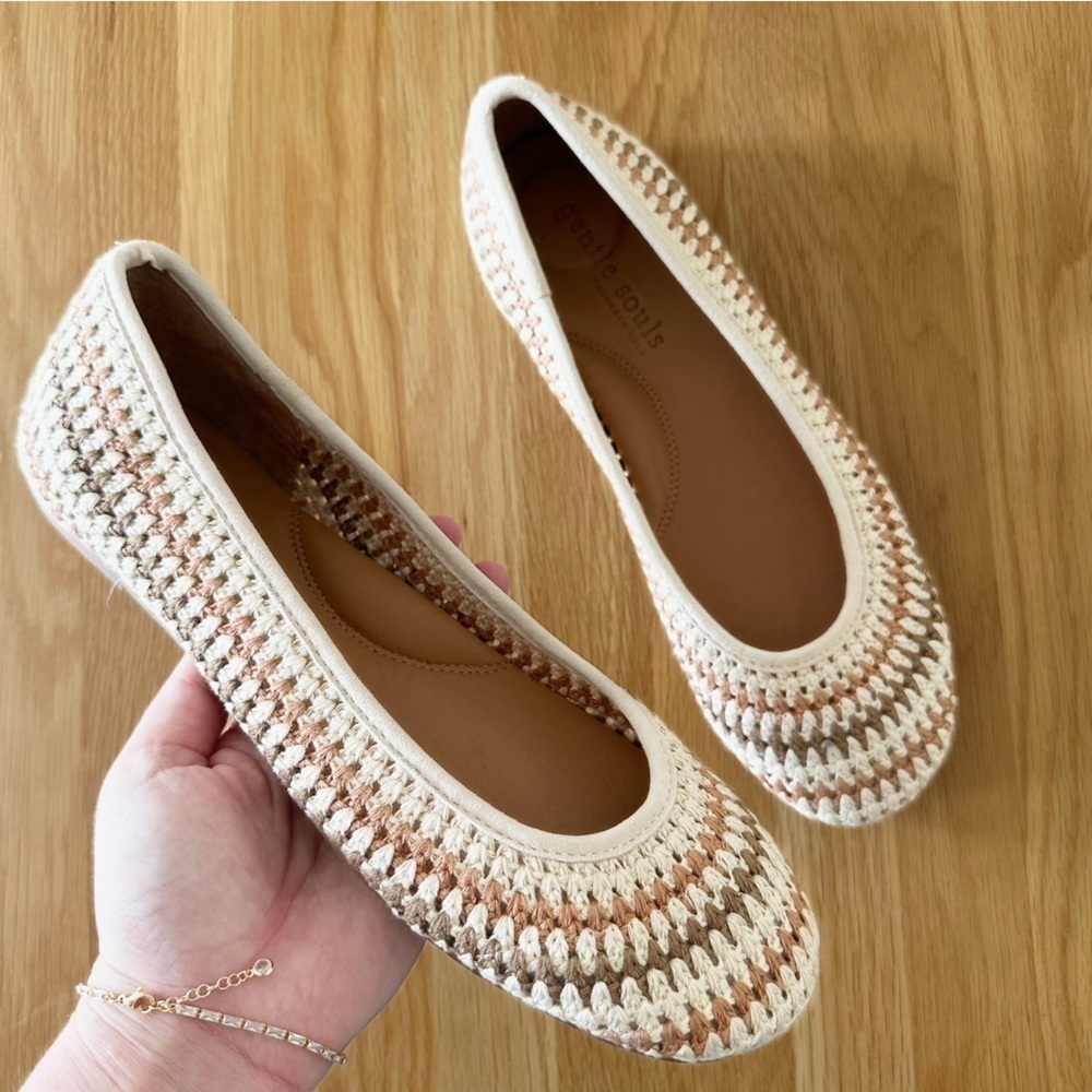 Garnet Hill Flats Shoes Womens 10 Mable Ivory Tan Crochet Round Toe New